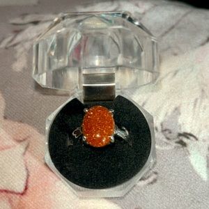 Orange goldstone handcrafted ring size 17UK and 7US silver hardware